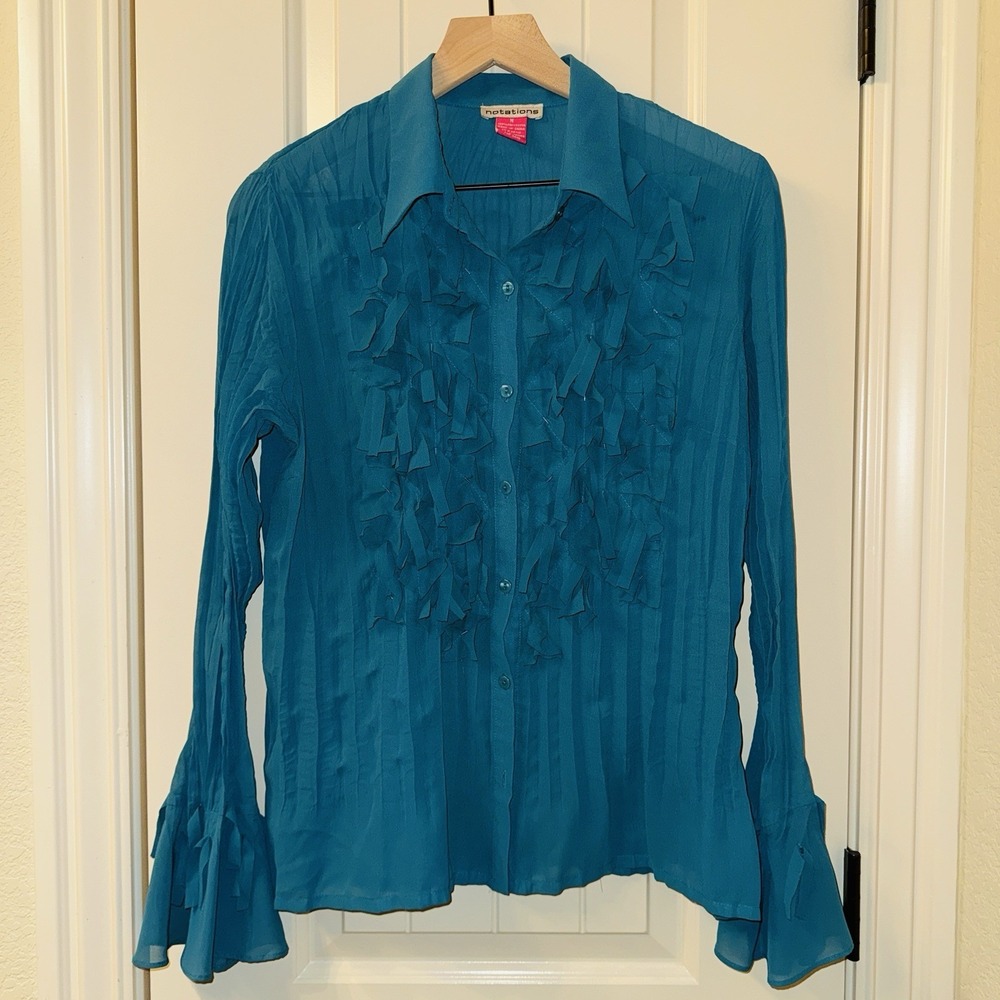 Notations Teal Ruffle Blouse M Sheer Crinkle Texture Bell Sleeve Y2K Fairycore - Picture 6 of 9